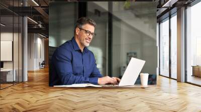 Busy happy middle aged business man company manager investor working online on computer sitting at office desk. Mature older professional businessman executive using laptop at corporate workplace. Wall mural