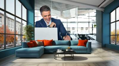 Busy happy middle aged smiling professional business man company executive ceo manager or lawyer wearing suit sitting at desk in modern office working on laptop computer writing notes, copy space. Wall mural