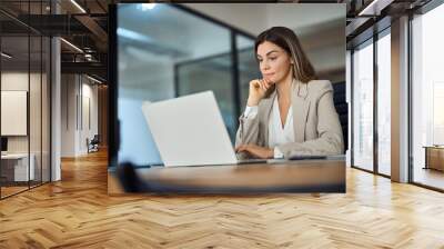 Busy mature business woman working in office using laptop. Mid aged female professional businesswoman executive manager wearing suit looking at computer thinking on digital strategy, sitting at desk. Wall mural