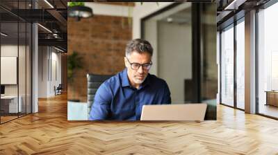 Busy mature middle aged professional businessman executive using laptop at work writing note. Senior business man company manager working on computer elearning webinar sitting at office desk. Vertical Wall mural