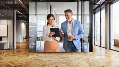 Busy mature professional business people, two happy business man and woman executives partners team working together walking in office using digital tablet talking on company financial project. Wall mural