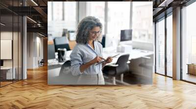 Busy middle aged professional business woman using tab computer in office. Mature lady manager, older female corporate executive holding tablet standing at work, authentic shot. View through glass Wall mural