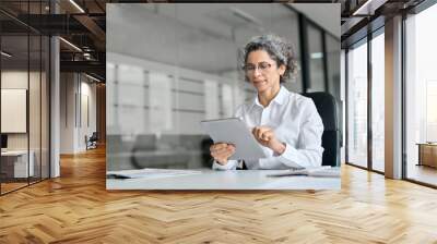 Busy middle aged professional business woman using tab computer in office. Mature senior businesswoman bank manager, older female corporate executive holding digital tablet sitting at work desk. Wall mural