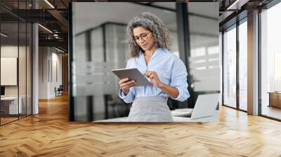 Busy middle aged professional business woman using tab computer in office. Mature senior businesswoman bank manager, older female corporate executive holding digital tablet standing at work. Wall mural