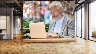 Busy smart older senior adult business man office executive using laptop at work. Mature old professional businessman manager wearing suit working late on computer typing sitting in coworking office. Wall mural