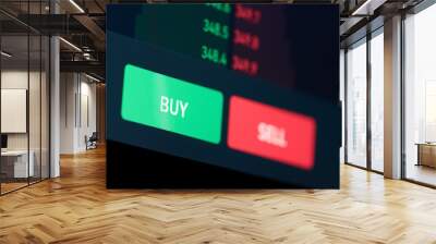 Buy or sell buttons concept. Close up computer screen view background of stock exchange market order online trading strategy choice of buying and selling crypto currency shares to get profit growth. Wall mural