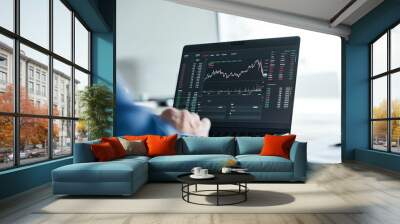 Crypto investor analyst broker analyzing financial stock trade stockmarket exchange platform indexes digital chart data on computer screen thinking of stockmarket invest analytics risk. Over shoulder Wall mural