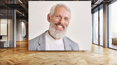 Happy mature older bearded business man leader executive, smiling middle aged old senior confident professional businessman teacher wearing suit standing isolated on white wall, headshot portrait. Wall mural