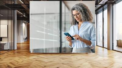 Happy middle aged business woman holding mobile cell phone using cellphone in office. Smiling mature old professional lady business owner entrepreneur using smartphone standing in hallway. Wall mural