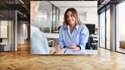 Happy middle aged business woman hr talking to recruit at job interview meeting. Smiling mature female financial advisor, professional bank manager consulting client working in corporate office. Wall mural