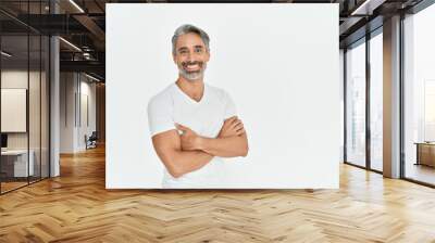 Happy middle aged older man isolated on white studio background. Confident mature mid adult handsome bearded gray-haired male model wearing t-shirt looking at camera with arms crossed. Portrait. Wall mural