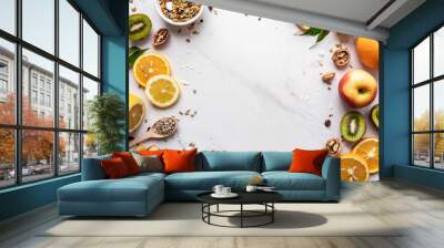 Healthy food vegan breakfast nutrition concept, fresh summer fruits nuts granola seeds on white background, organic super food on table, detox diet for health care, top close up view, copy space Wall mural