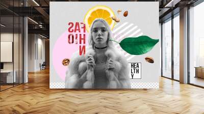 Hipster stylish fashion 20s teen girl vegan healthy food products on modern contemporary art collage, young woman wear faux fur posing on grey background trendy zine culture abstract creative artwork Wall mural