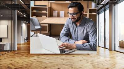 Hispanic indian smiling businessman wearing glasses and headset having virtual team meeting call, talking, remotely working at home watching online learning training webinar in remote office. Wall mural