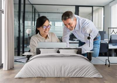 Mature Latin boss manager mentor helping Asian employee working on laptop in office. Two happy professional coworkers discussing online plan at work. Diverse business people using computer and talking Wall mural