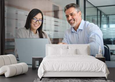 Mid aged Latin male manager mentor teaching young Asian female worker looking at laptop discussing corporate strategy in teamwork, working on computer in office at international team meeting. Wall mural