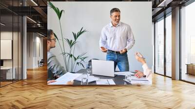 Older Latin company manager leading team meeting in office. Happy diverse professional people group working together in boardroom. Mature business man boss talking to colleagues having discussion. Wall mural