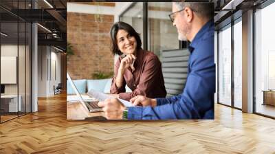 Professionals team talking planning project at work. Attorney or bank manager consulting client investor in office. Two happy executives working on laptop discussing financial documents at meeting. Wall mural