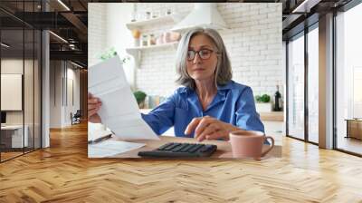 senior mature business woman holding paper bill using calculator, old lady managing account finance, Wall mural