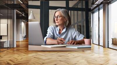 Serious mature older adult woman watching training webinar on laptop working from home or in office. 60s middle aged businesswoman taking notes while using computer technology sitting at table. Wall mural