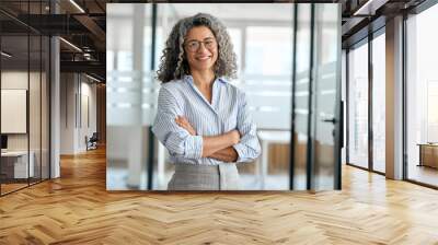 Smiling happy confident old mature professional business woman corporate leader, senior middle aged female executive, lady bank manager standing in office arms crossed looking at camera, portrait. Wall mural