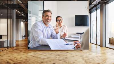 Smiling Latin manager working with diverse colleagues at team meeting. Happy diverse business people international corporate executives talking at group briefing, collaborating at boardroom table. Wall mural