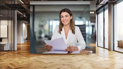 Smiling mature business woman hr holding cv at job interview. Happy mid aged professional banking financial manager, insurance agent, lawyer consulting clients sitting at work corporate office meeting Wall mural