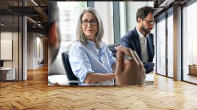 Smiling mature Caucasian female executive manager wearing glasses looking at male manager discussing corporation project at table. Corporate managers leaders working together in modern office. Wall mural