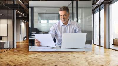 Smiling mature professional business man manager looking at report in office. Happy mid aged businessman company executive working in office with laptop reading financial corporate account documents. Wall mural