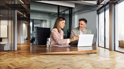 Smiling professional business woman manager consulting older Indian man client or colleague looking at laptop computer technology discussing ebusiness project planning strategy at office meeting. Wall mural