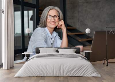 Smiling stylish mature middle aged woman sits at desk with laptop, portrait. Happy older senior businesswoman, 60s grey-haired lady wearing glasses looking at camera sitting at office table. Headshot. Wall mural