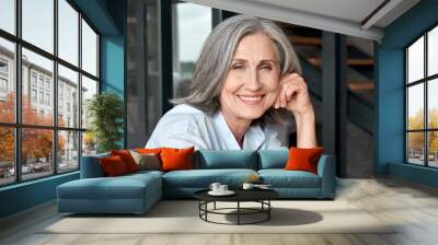 Smiling stylish mature middle aged woman sitting at workplace, portrait. Happy older senior businesswoman, 60s grey-haired lady executive manager looking at camera sitting at office table. Headshot. Wall mural