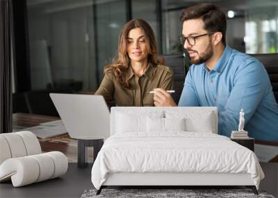 Two busy colleagues working together talking using laptop in office. Middle aged Latin female manager teaching young male worker looking at computer discussing business plan at office meeting. Wall mural