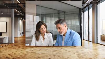 Two busy middle aged professional man and woman business leaders partners checking document financial report talking working together on laptop computer in office at corporate meeting. Vertical photo Wall mural