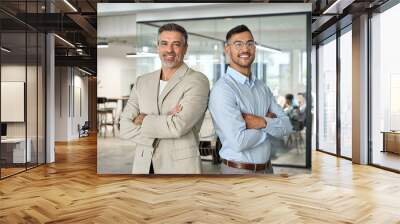 Two happy successful business partners, male company team leaders, smiling professional confident managers standing back to back arms crossed in corporate office looking at camera. Portrait. Wall mural