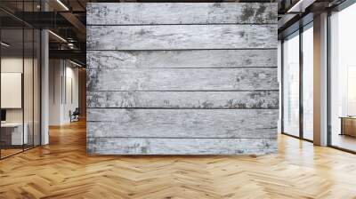 Wooden old painted white and grey shabby background, natural old rustic wood texture floor element with close up top view from above, copy free space for text, gray aged cracked rough thin planks Wall mural