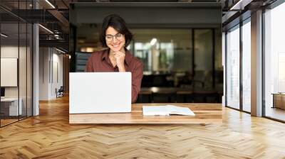 Young happy professional business woman executive working on computer technology in office, busy smiling businesswoman entrepreneur or hr manager using laptop sitting at work desk. Copy space for ads. Wall mural