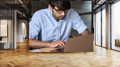 Young Indian eastern businessman entrepreneur using computer working online, e learning, watching business webinar in office, looking at laptop typing, checking online data at workplace. Vertical Wall mural