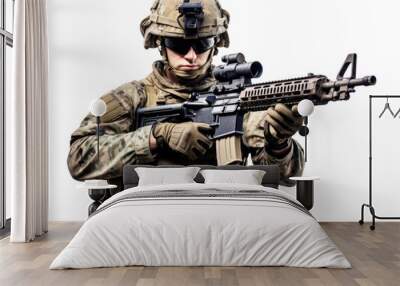 a American military army special force soldier with camouflage helmet and a rifle gun Wall mural