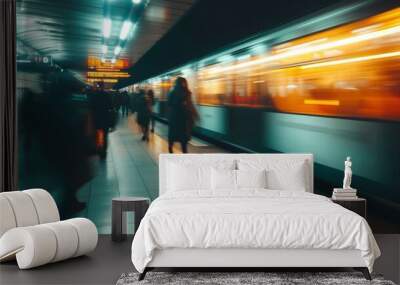 A blurry image of a train passing through a subway station, capturing the movement and the lights. Wall mural