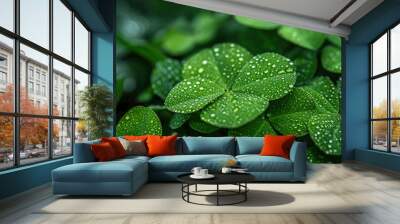 A close-up photo of green clover leaves covered in dew drops. Wall mural