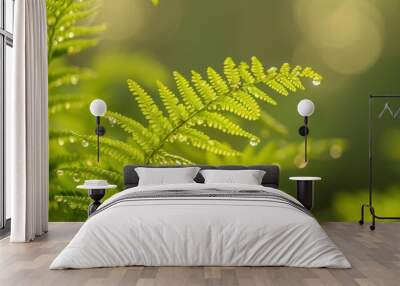 A close-up photograph of a fern frond with dew drops glistening on its leaves, bathed in morning sunlight. Wall mural