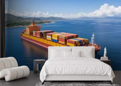 Aerial side view of a cargo container ship sailing peacefully on the sea Wall mural