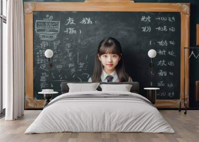 Happy Asian elementary school children studying in classroom Wall mural