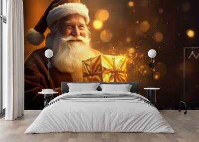 Happy Santa Clause carries a golden glowing gift box Wall mural