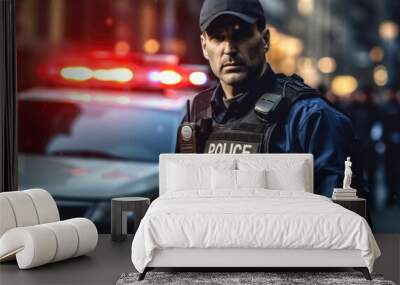 Portrait of a police officer standing from behind at night with a parked police car in the background Wall mural