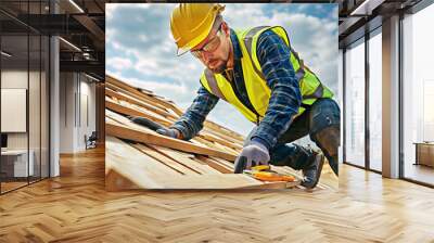 Roofer,builder working on roof structure of building on construction site. One person male caucasian working on roof with tools of the trade Wall mural