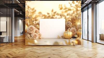 Blank mockup template of an invitation card nestled among golden pumpkins, elegant roses, and softly glowing lanterns. Wall mural