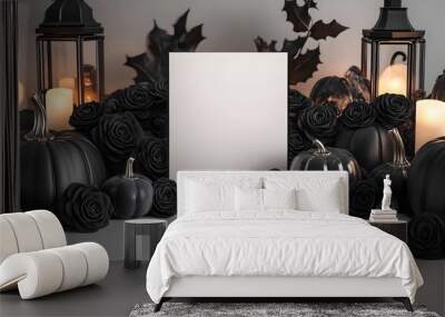 Blank mockup template of an invitation card surrounded by black roses, velvet pumpkins, and softly glowing lanterns. Wall mural