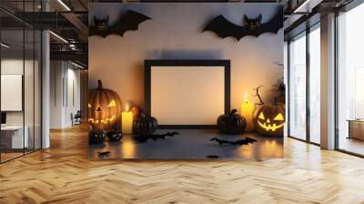 Blank mockup template of an invitation card surrounded by chic Halloween decor, including bats, pumpkins, and glowing candles. Wall mural